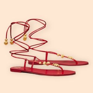 Red Tory Burch Capri Flat Lace Up Sandals